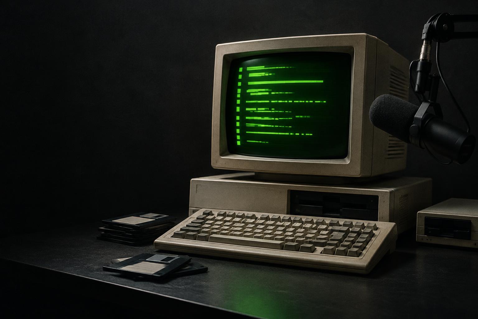An original personal computer and broadcast microphone in the GeekTalkShow studio